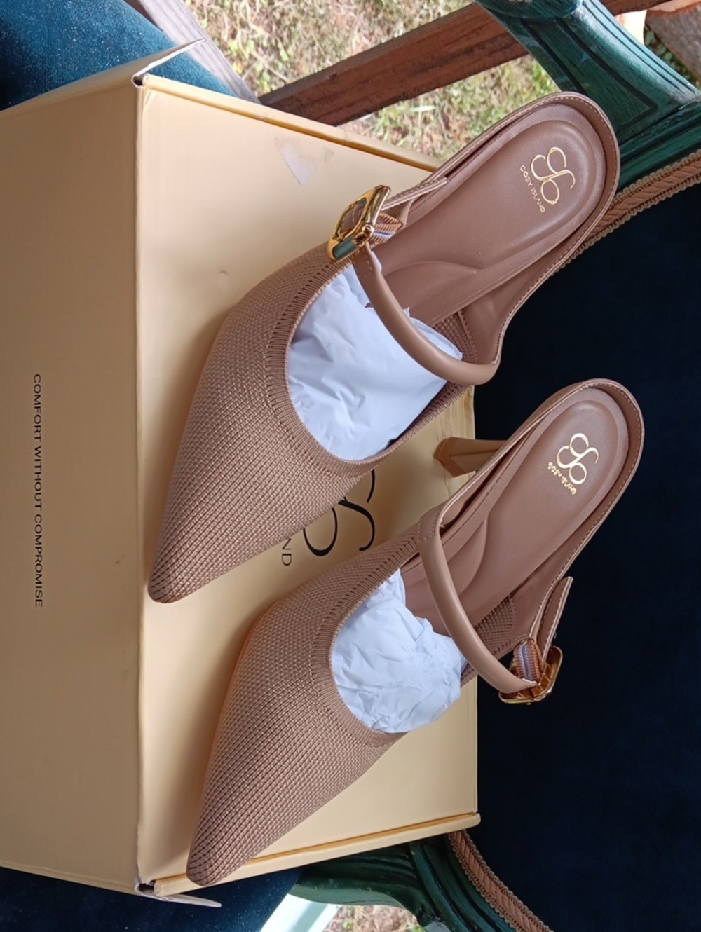 SO Comfort Women’s Beige Pointed Slingback Heels with Gold Buckle